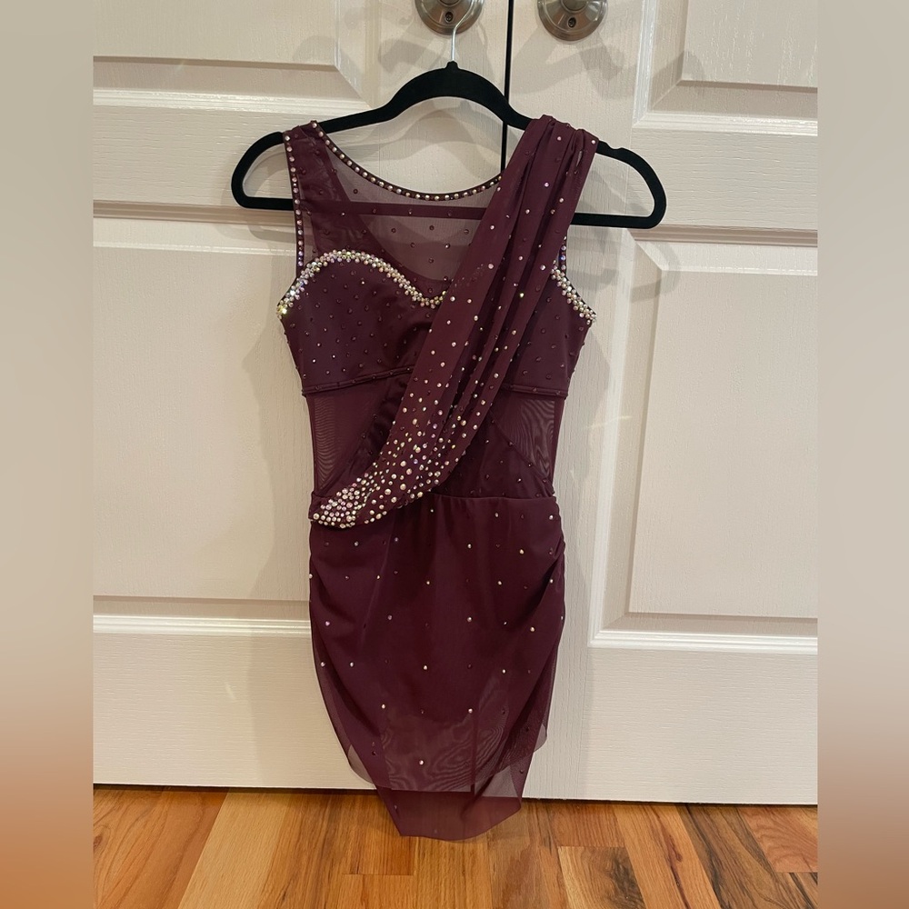 Dance leotard with skirt costume.  Rhinestone, maroon, adult small